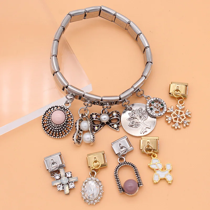 Fyour Original Daisy Bowknot Peanut Dog Snowflake Tree CZ Charm Fit 9mm Bracelet Stainless Steel Jewelry DIY Making DJ234