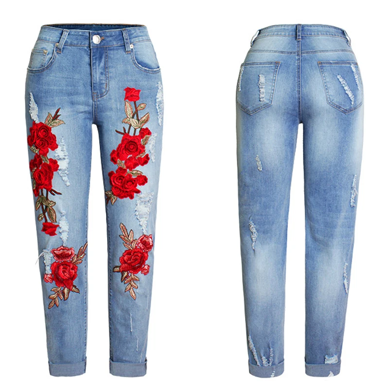Джинсы с вышивкой для мамы, женские модные повседневные джинсы, pantalones mujer, Синие рваные джинсы, эластичные джинсовые штаны, брюки, 2XL 3XL
