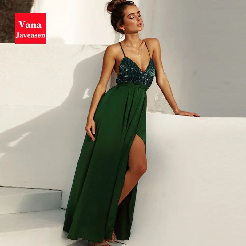 Vana Javeasen Boho стильное сексуальное платье женское зеленое приталенное вечернее платье с открытой спиной элегантный, на бретельках женские платья