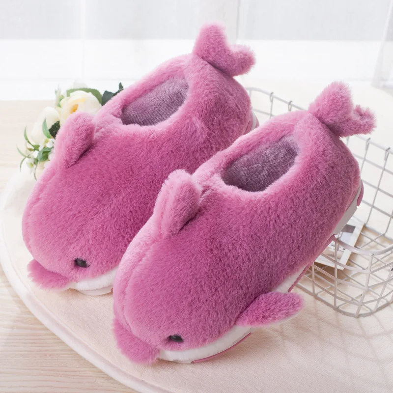Purple Детские тапочки; сезон осень-зима; милые плюшевые хлопковые тапочки с рисунком дельфина; Детские теплые Нескользящие домашние тапочки для детей - Цвет: Purple