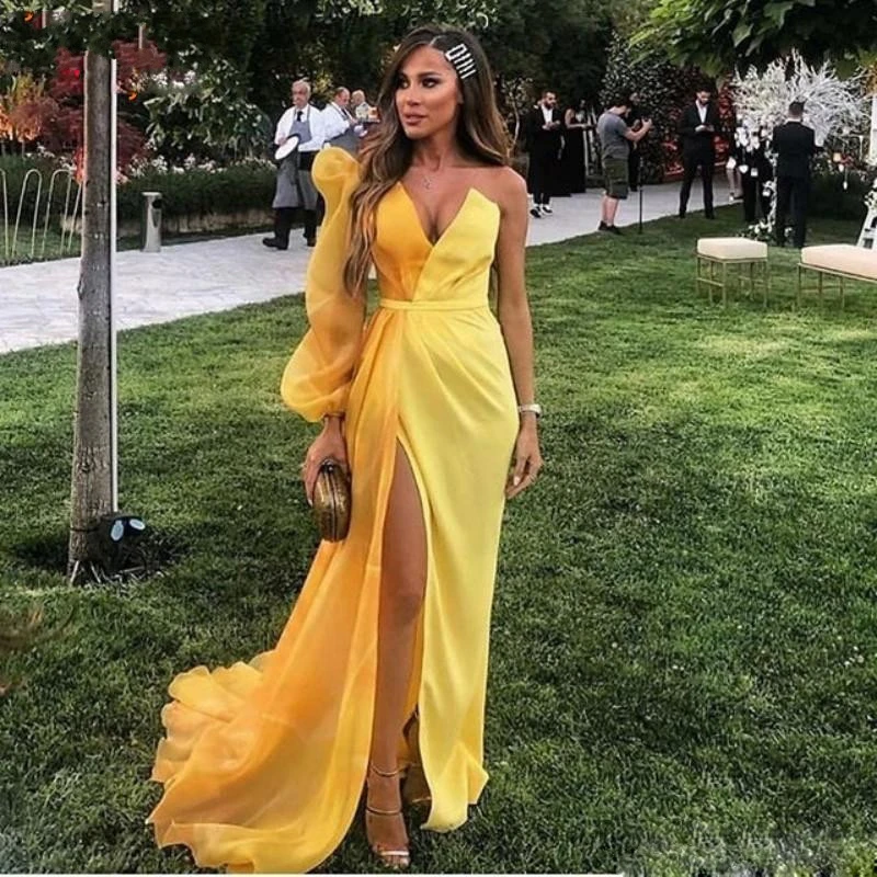 

2020 Abendkleider Yellow Dubai Formal Party Dress Women Long Sleeve Evening Gowns Elegant Slit Organza Muslim Evening Dresses