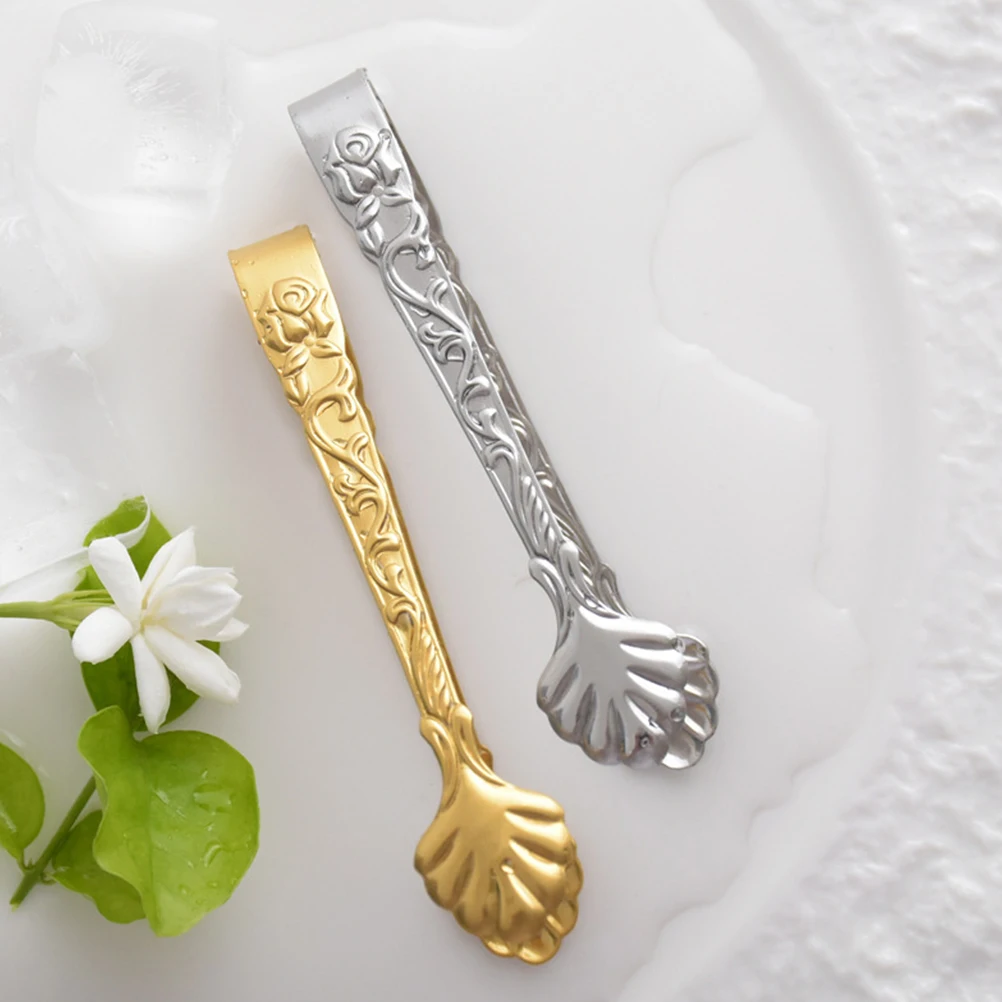 2Pcs Stainless Steel Ice Cube Clips Sugar Tongs Foods Clips Kitchen Serving Tong Embossed decorative clip household baking tools stainless steel tongs stainless steel food tongs
