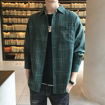 

Helisopus Fashion New Men Shirt Long Sleeve Polyester Plaid Shirts Turn-down Collar Casual Loose Streetwear Youth Large Size Top