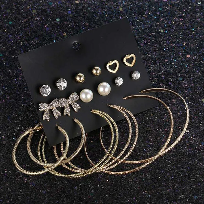 

Pretty Women 9 Pairs Earrings Bow Big Circle Earrings Exaggerated Imitation Pearl Imitation Crystal Earrings Set Gift Wholesale
