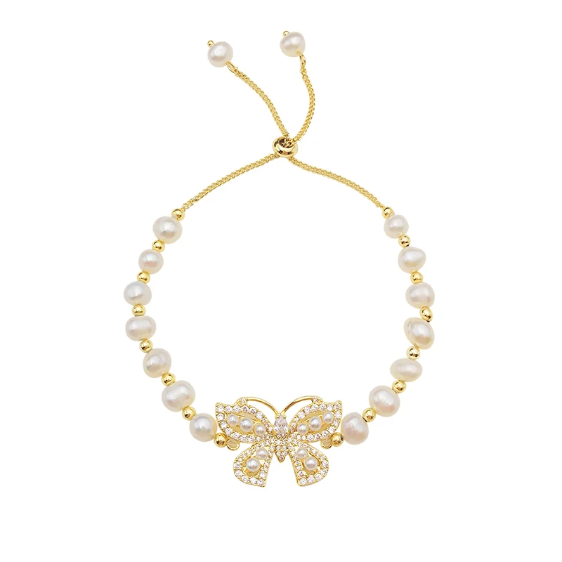 new design fashion jewelry high-end natural freshwater pearl crystal butterfly stretchable adjustable female bracelet