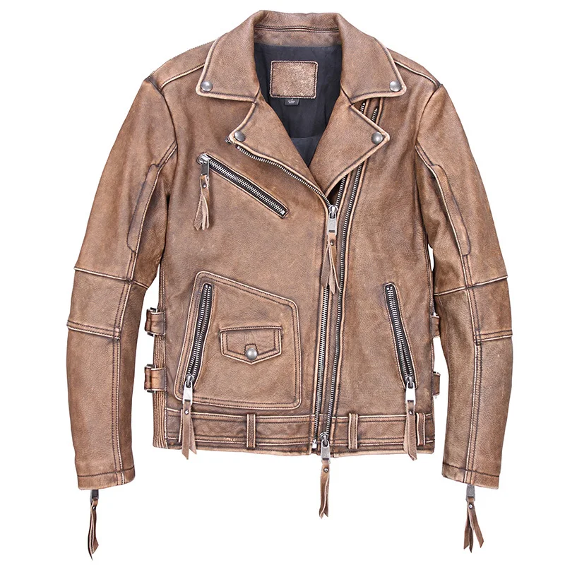 2020 Vintage Brown Men Motorcycle Jacket Large Size XXXXXL Genuine Thick Cowhide Winter Slim Fit Biker's Leather Coat | Мужская