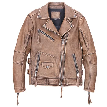 

2020 Vintage Brown Men Motorcycle Jacket Large Size XXXXXL Genuine Thick Cowhide Winter Slim Fit Biker's Leather Coat
