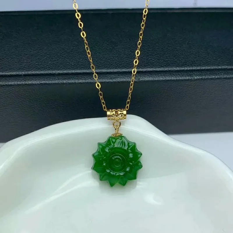 SHILOVEM 18k YELLOW gold real Natural green Jasper pendants classic fine Jewelry women none necklace plant 14mm mymz1414888agby