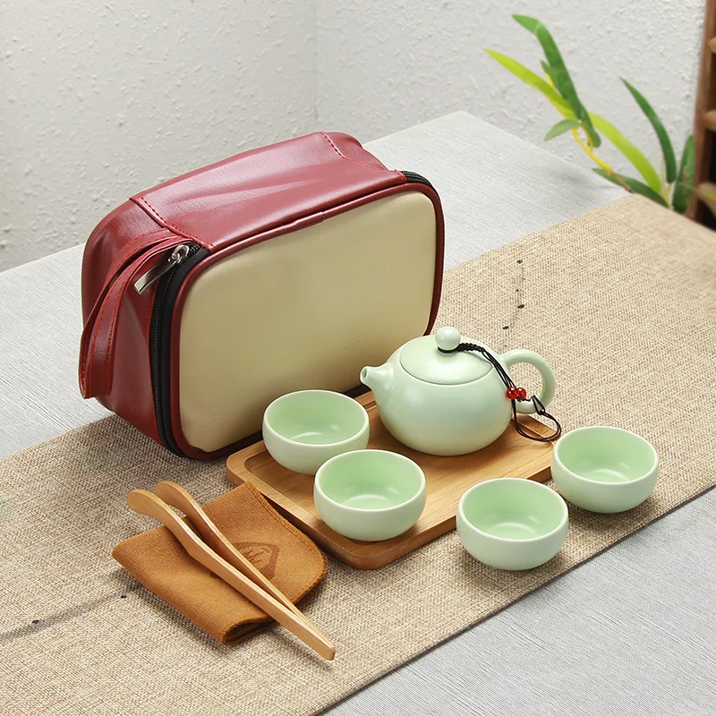 

Portable Ceramic Teacup Set Vintage Kungfu Tea Mug Pot Tray with Storage Bag for Travel MF999