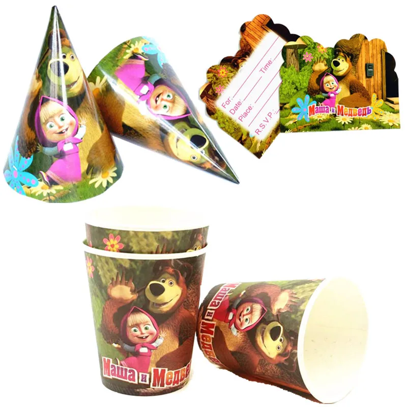 Kokoer Маша и Медведь тема вечерние принадлежности бумажные чашки пластины салфетки черно-белая бейсболка кепка соломенная Детская день рождения одноразовая посуда