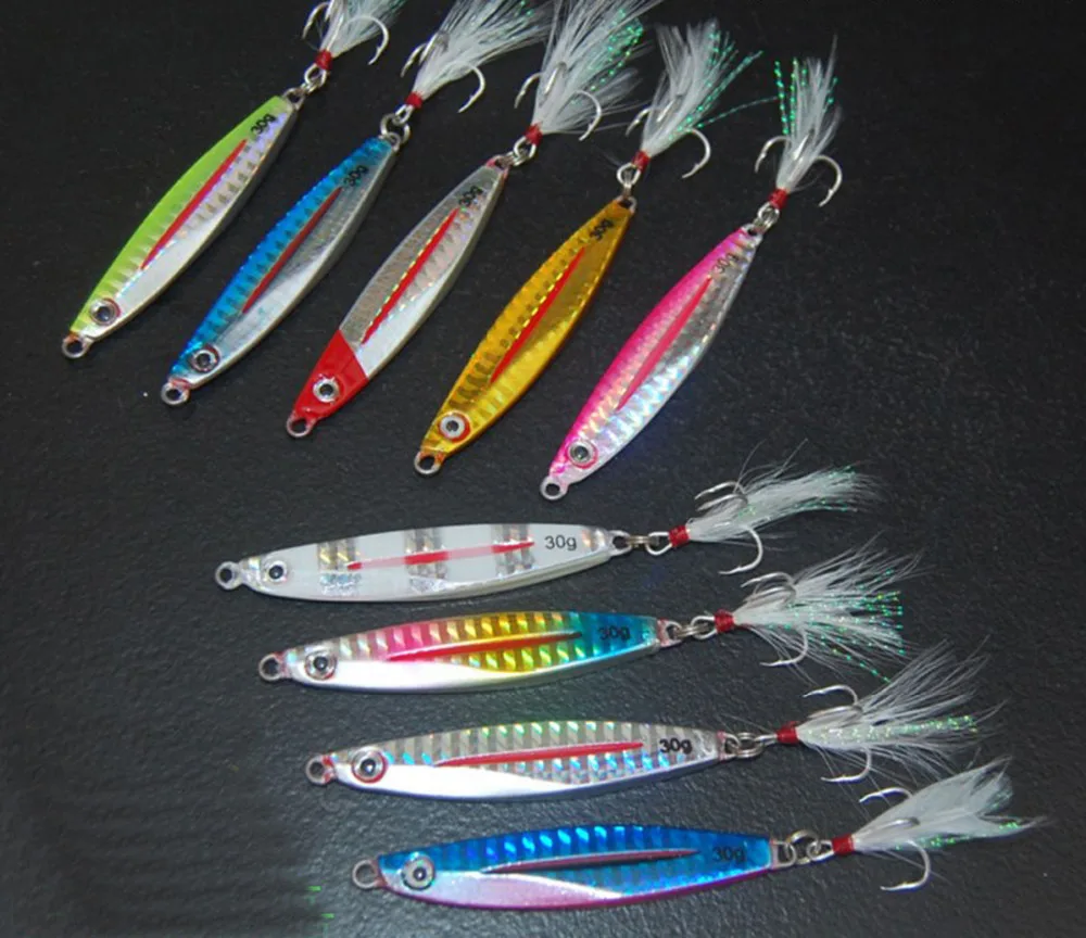 5pcs Deep Sea Jigging Fishing Slow Jig Jigbait Spoon Lure Feather Hook
