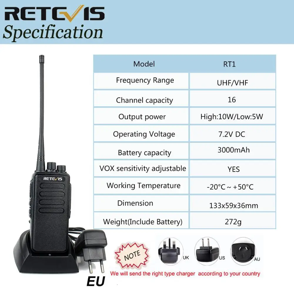 Портативная рация Retevis RT1 VHF (или UHF) VOX с двумя антеннами 3000 мАч двухсторонняя