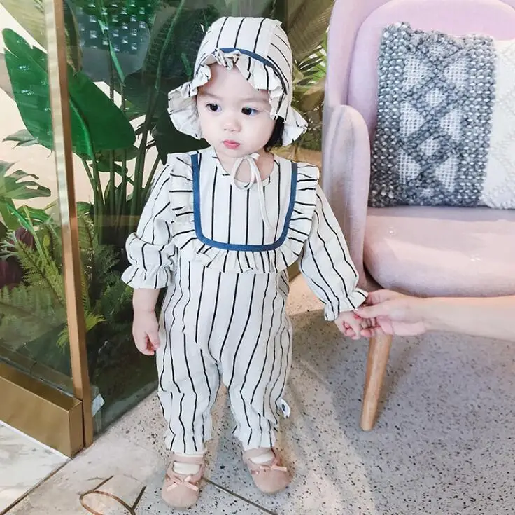

2019 New Style Babys Girls Striped Romper Cotton With Hat Autumn Babys Jumpsuit 6-24 Month PQ155