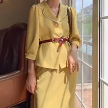 

Women Vintage 2 Piece Set Suit Sashes Pearl Notched Blazer and Skirt Elegant Fall French Style Office Lady Chic Two Piece Sets