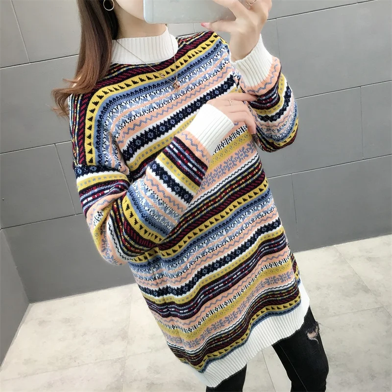 White.yellow Пункт 5865(зима 4 ряд 7), женские длинные пуловеры с высоким воротником, свободные трикотажные цветные пуловеры 50 - Цвет: White.yellow