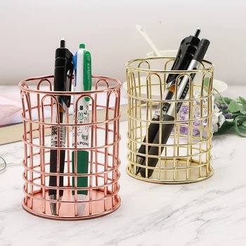 

Portable Round Rose Gold Metal Pen Pencil Holder Container Office Desk Organizer Pencil Pen Holder Office School Stationery