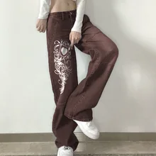 

Y2k High Street Gothic Buttons Denim Jeans for Women Women Casual Loose Trousers Low Waist Folds Love Printed Jean Ropa De Mujer