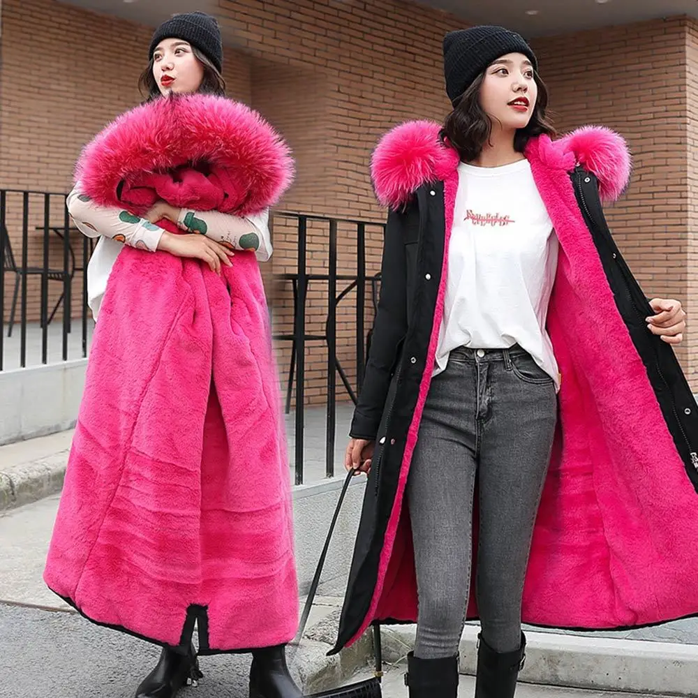 Длинные теплые толстые парки размера плюс, парки Mujer, зимняя женская куртка с меховым капюшоном, женская одежда с меховой подкладкой, элегантное розовое пальто - Цвет: Rhodo