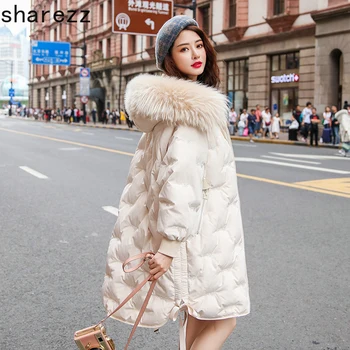 

2019 New Winter Women Big Fur Collar Oversize Down Long Coat Female Thick Warm Hooded White Duck Down Jacket Parka