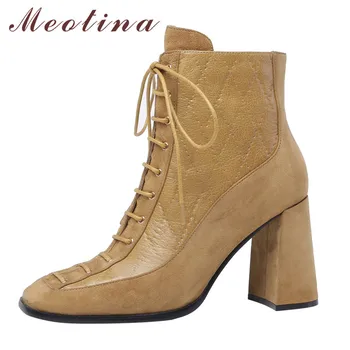 

Meotina Real Leather Super High Heel Ankle Boots Women Shoes Square Toe Zipper Cross Tied Block Heels Short Boots Autumn Winter