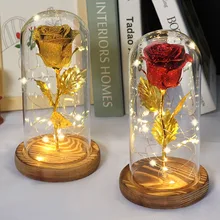 

2022New Christmas Gift Red Shiny artificial flower Rose Beauty and the Beast Rose In A Glass Dome String Light Valentine's