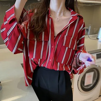 

Korean version of the loose lazy striped double pocket ladies shirt jacket summer and autumn long-sleeved thin lapel shirt
