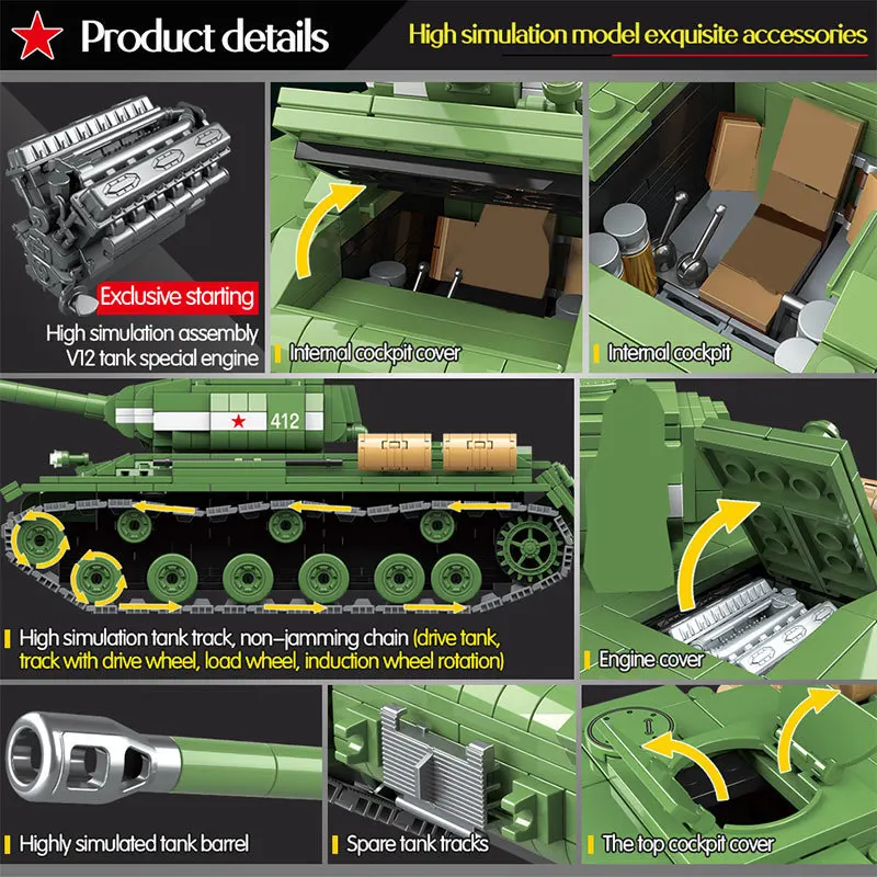  Heavy Tank Blocks Military Soviet Russia IS-2M Tank Building Blocks Soldier Police Weapon WW2 Brick