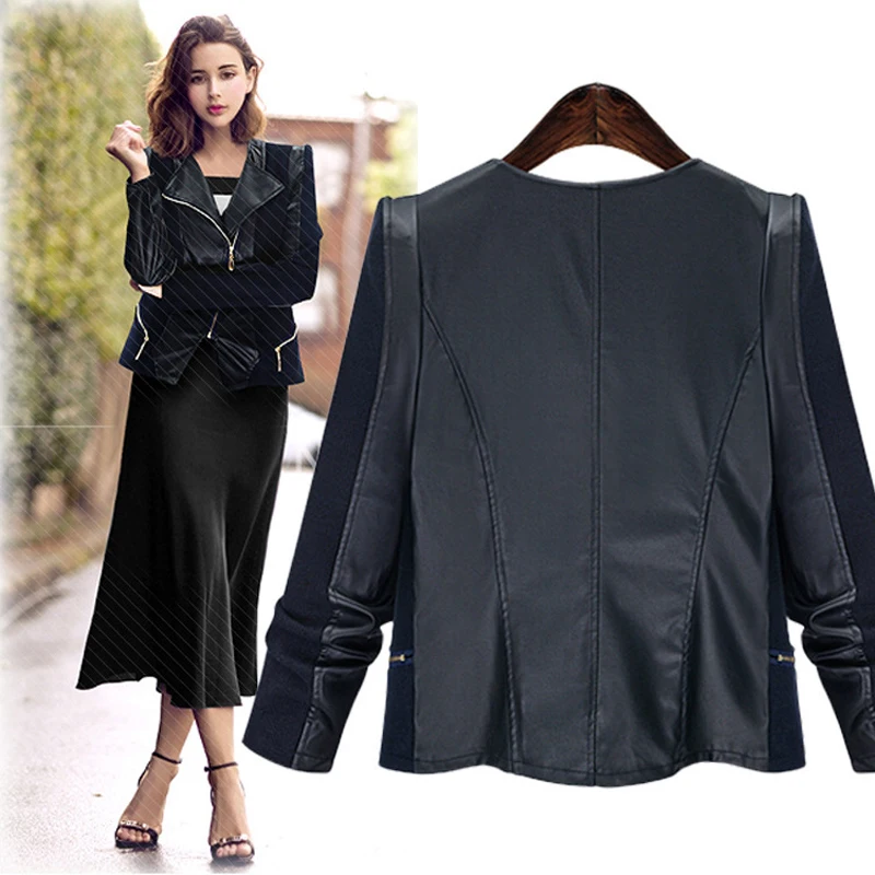 

Autumn and winter new ladies black fashion women's jacket large size was thin PU artificial leather jacket knit leather jacket