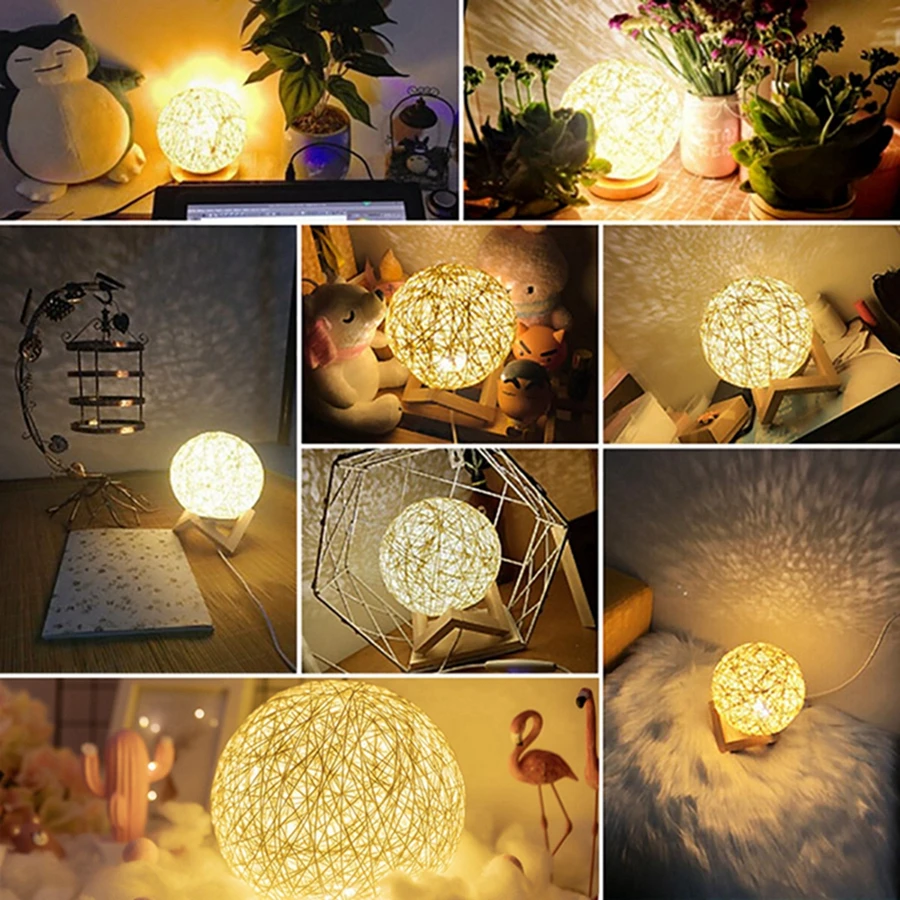 15 CM Rattan Ball Bedside Lamp LED Bedroom Lamps USB Led Bed Starry Sky projection Creative Romantic Lampe Kids Gift Night Light