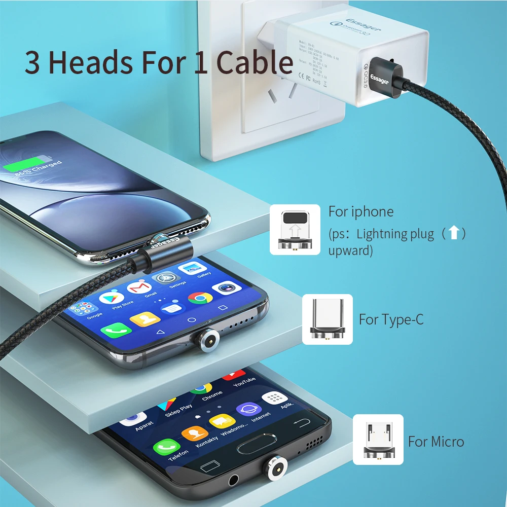 Магнитный кабель магнитная зарядка Essager Micro usb type C кабель для samsung Oneplus iPhone зарядное устройство магнит быстрый заряд кабеля USB C type-C шнур провода