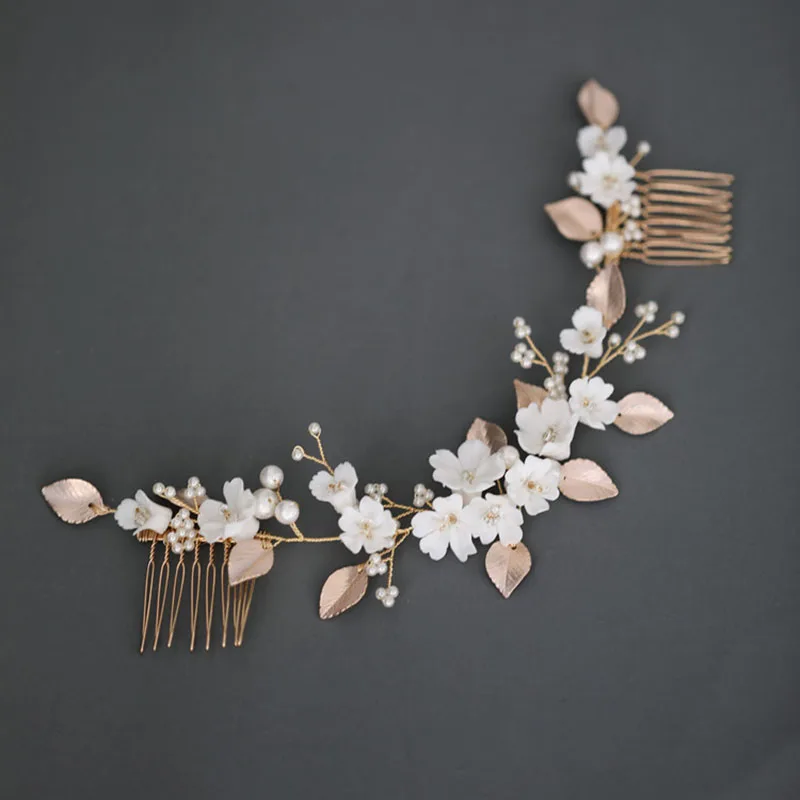 

Женский аксессуар для волос ручной работы Floralbride, с цветами, листьями и кристаллами, свадебный головной убор цепочка с кулоном-расческой