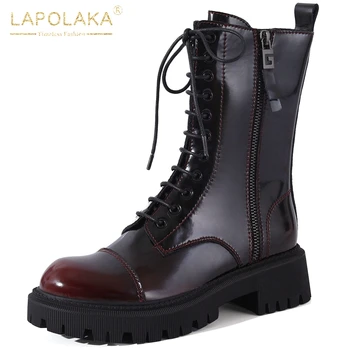 

Lapolaka New Arrivals Genuine Leather Zipper Short Boots Women's Thick Heels Non-Slip Work Motorcycle Boots Woman Shoes