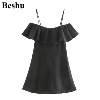 

za 2020 fashion mini dress women black word shoulder ruffles side zipper elegant sling dress female knitted high waist mujer