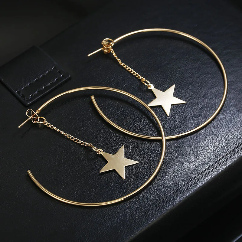 

Personality Super Big Circles Hoop Earrings For Women Fashion Gold Color Jewelry Trendy Retro Big Round Circle Star Earrings