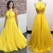 Желтого размера плюс шифоновое длинное вечернее платье Холтер Плиссированное Струящееся в пол с открытой спиной вечернее платье для выпускного вечера вечерние платья