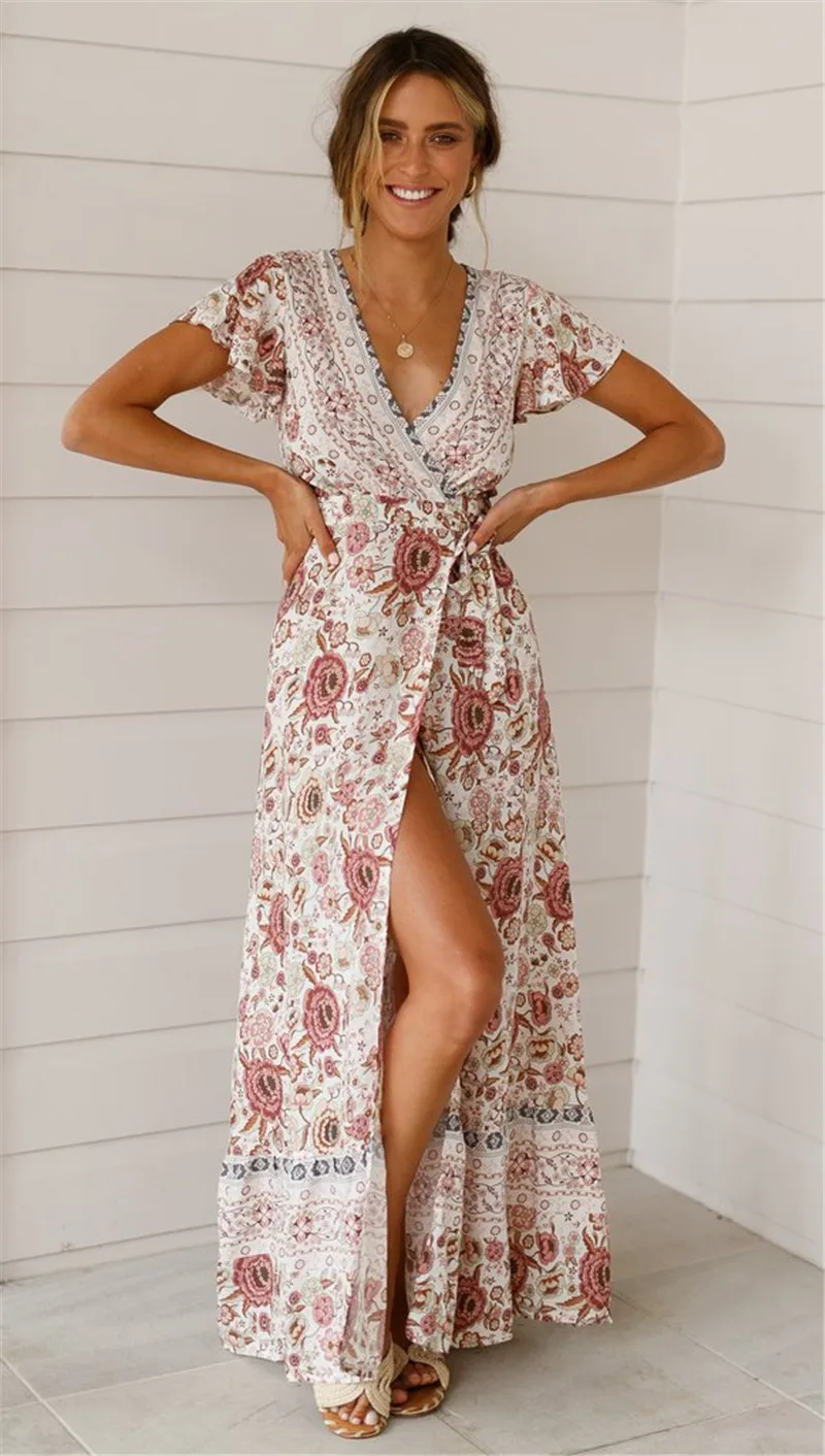 Dropshipping Women Summer Retro Floral Print Long Dress Elegant Beach Belt Sexy V-Neck Appearance Print Maxi Bohemian Dress Lady