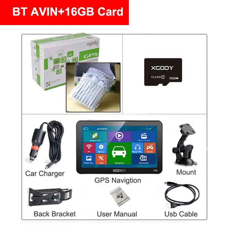 Xgody gps Navigation Truck Car GPS Navigator 128+8GB 7 inch Europa FM Bluetooth Rearview Camera Optional Sat nav Map Free Update - Размер экрана, дюймов: BT AVIN--16GB