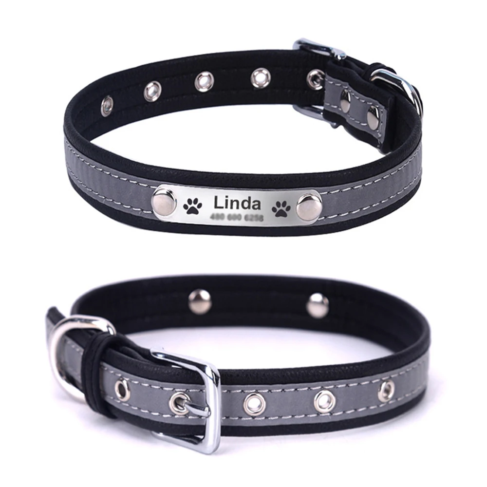Ajustable personalizado perro collares de cuero PU reflectante Collar perros gato ID etiqueta personalizada grabado accesorio
