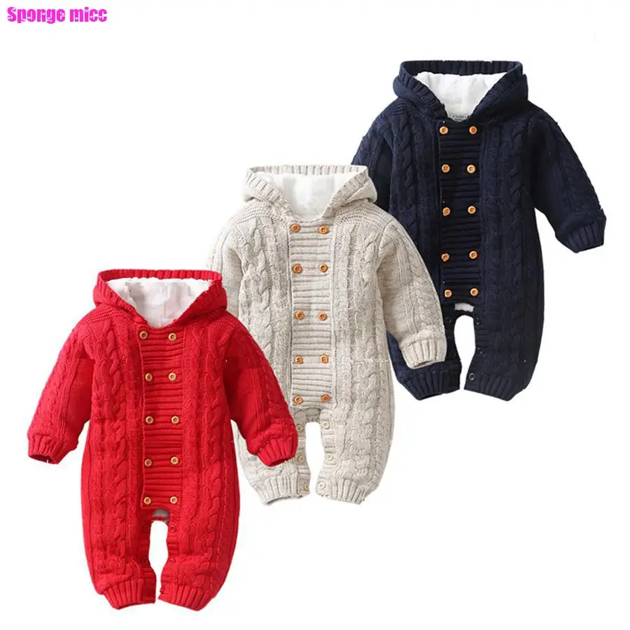 

mice Thick Warm Infant Baby Rompers Winter Clothes Newborn Baby Boy Girl Knitted Sweater Jumpsuit Hooded Kid Toddler Outerwear