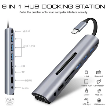 

2020 Hot Sale High Quality USB C Hub 9in1 SD TF Card Reader 3*USB3.0 Audio VGA Port 4k HDMI Docking Station
