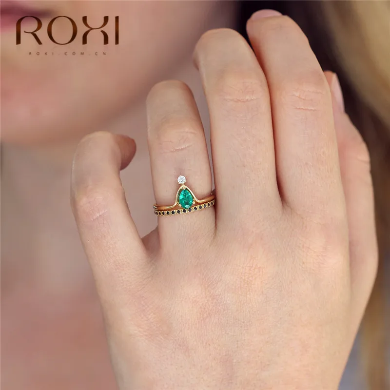 ROXI Мода Кристалл Корона кольцо капли воды зеленый CZ камень блестящие кольца для женщин фианит свадебное обручальное Праздничная бижутерия с кольцами