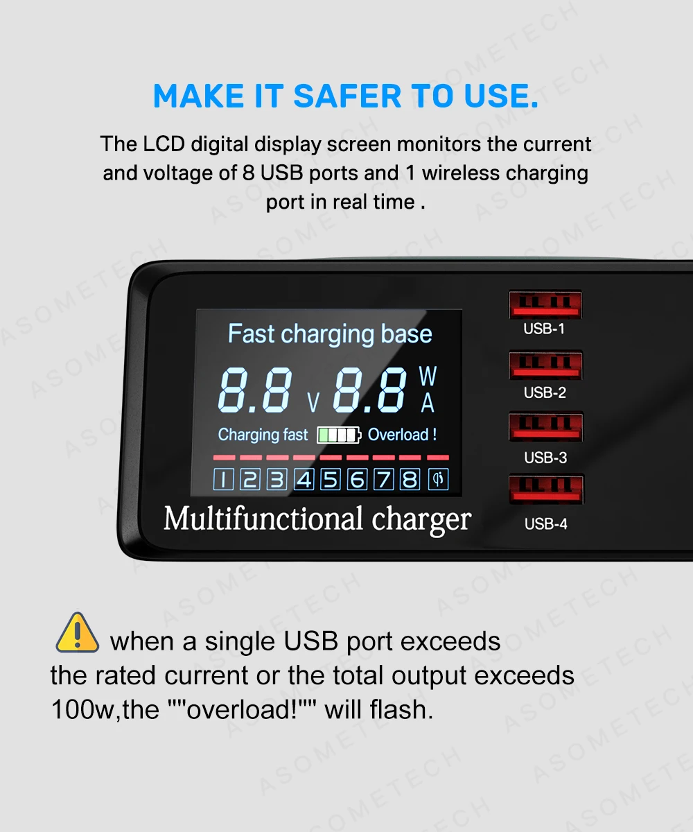 100W Multi USB Charger Hub PD Quick Charge 3.0 Qi Wireless Charger 8 USB Ports Fast Charging Station for iPhone Samsung Huawei
