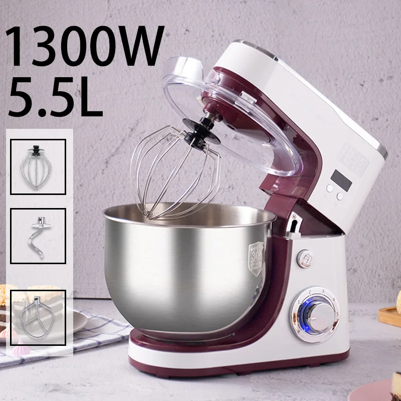 Sunatur Stand Mixer 1300W/5.5L Stainless Steel Bowl Cake Kitchen Food Blender Cream Egg Whisk Cake Dough Kneader Bread Maker