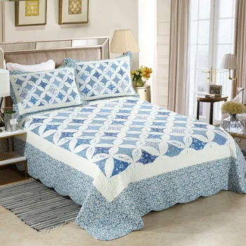 

230*250cm Modern style comfort geometric designs Bed Cover Coverlet 3pcs Washable Bedspread rhombus Cotton Quilt sets Blue Green