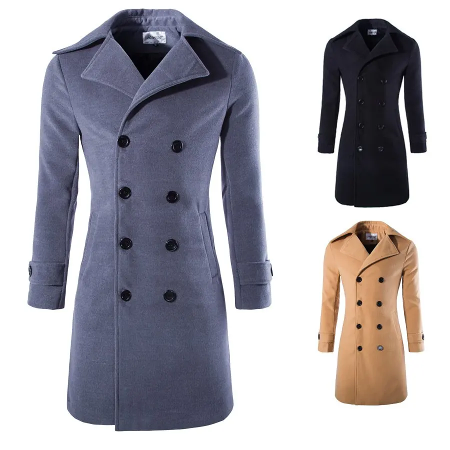 Mens Long Coat Slim Fit Double Breasted Trench Coat Woolen Blend Business Casual