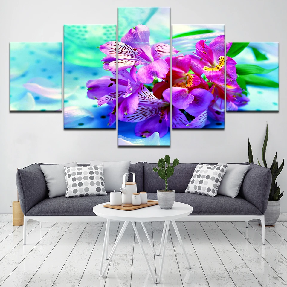 HD-Canvas-Wall-Art-Photo-Printed-Purple-Orchid-Flowers-5-Panel-Modular-Framework-Decorations-Picture-Painting