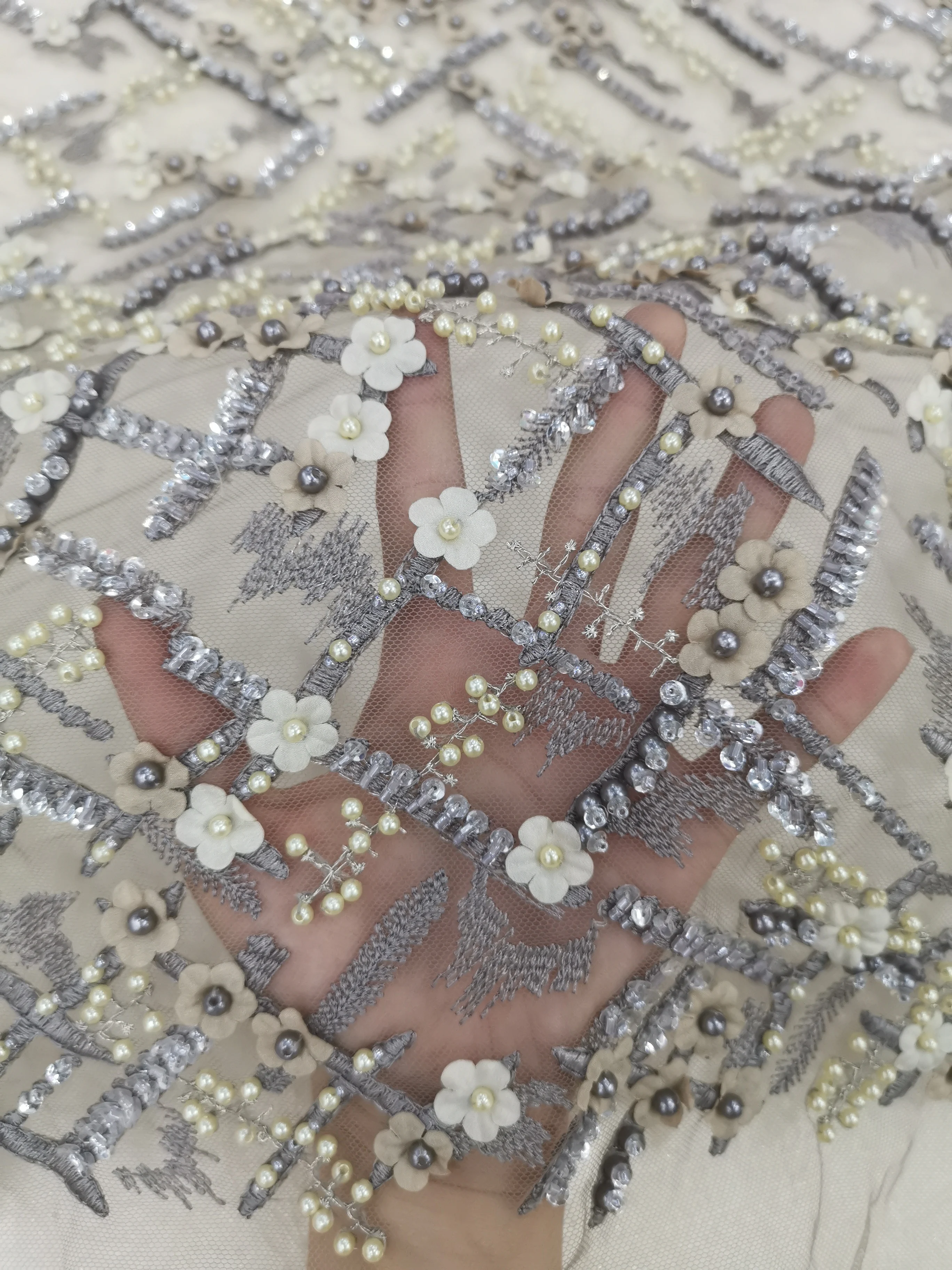 Kaufen Maroon navy gold rose rosa silber Spitze Stoff 3d Chiffon Blumen Perlen Perlen High End Produkte stil Spitze für Party Kleid