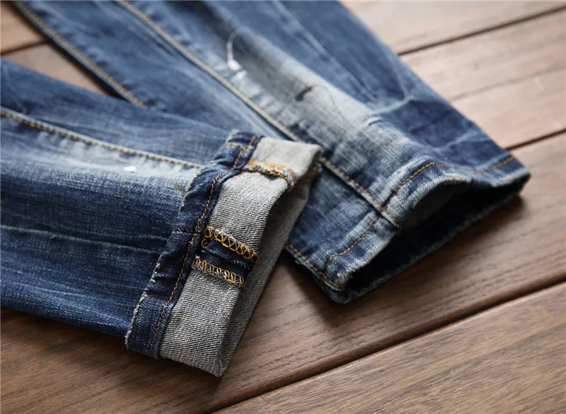 European American Style luxury quality Men's slim jeans pants famous brand mens Pencil Pants Straight blue hole jeans for men