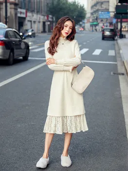 

Lace Dress Women Casual Vintage Vestidos Winter 2019 Plus Size Patch Work Women Dresses Apricot Pink