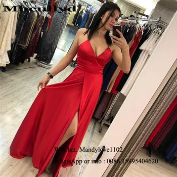 

Mbcullyd High Split Prom Dresses Long Red V-neck imported Evening Dress Formal Elastic Satin robe de soiree Cheap Under 100